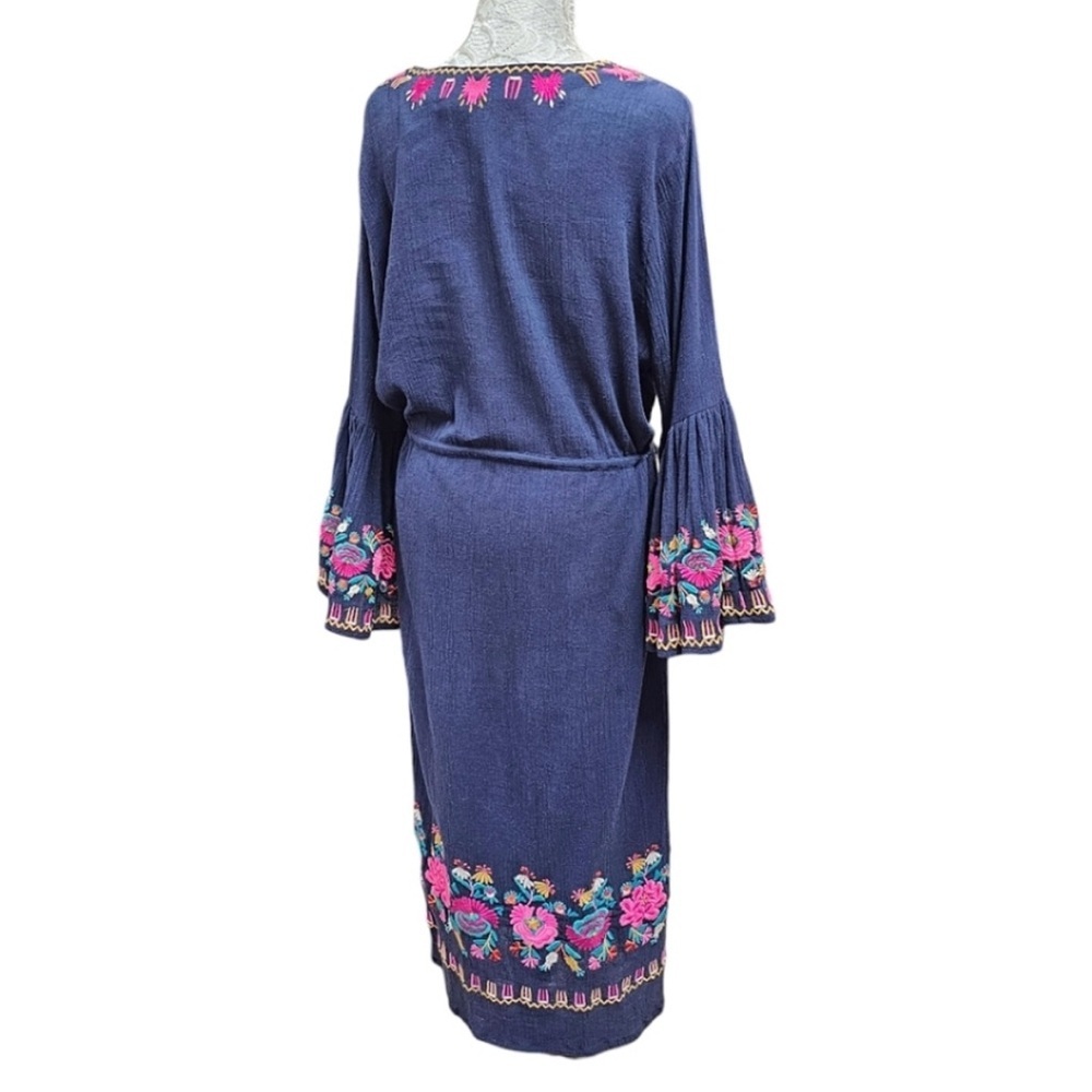 FIGUE Blue Cotton V-Neck Bell Sleeve Button Up Midi Dress Bohemian Princess L - Picture 4 of 11